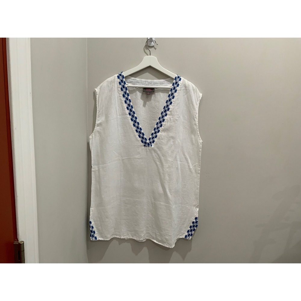 Forcynthia Beachwear White Linen Blend Embroidered V-Neck Tunic Cover Up XL